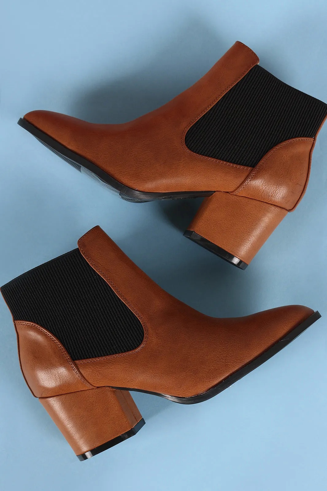 Bamboo Pointy Toe Elastic Gore Chunky Heeled Booties