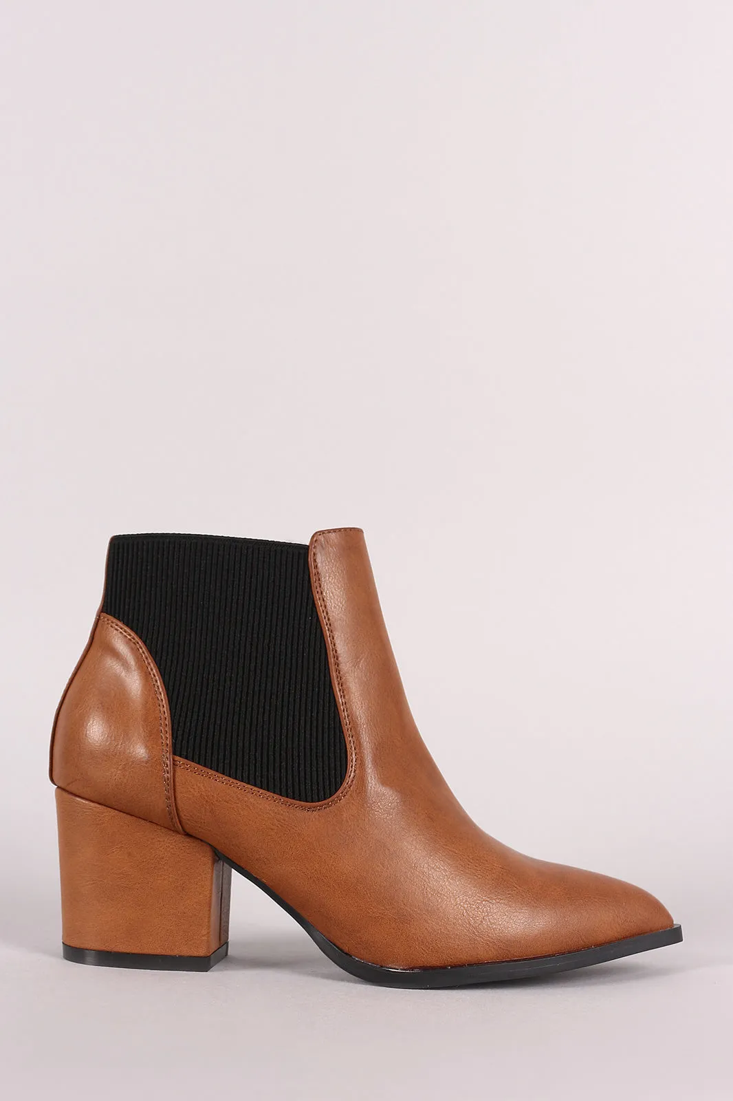 Bamboo Pointy Toe Elastic Gore Chunky Heeled Booties