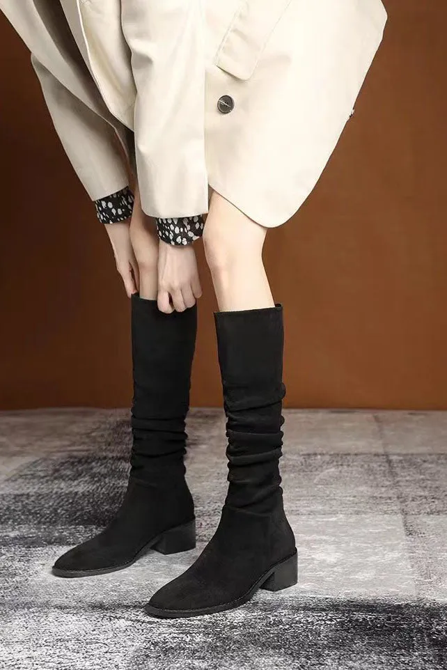 elveswallet Elegant Suede knee high tall black boots