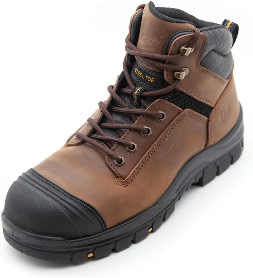Men's Work Boots, Crazy Horse Leather, Steel Toes Mens Work Shoes, Non Slip Lace Up Protective Shoes, 6 Inch, Anti-Smashing,Anti-Fatigue (AT508, Brown)