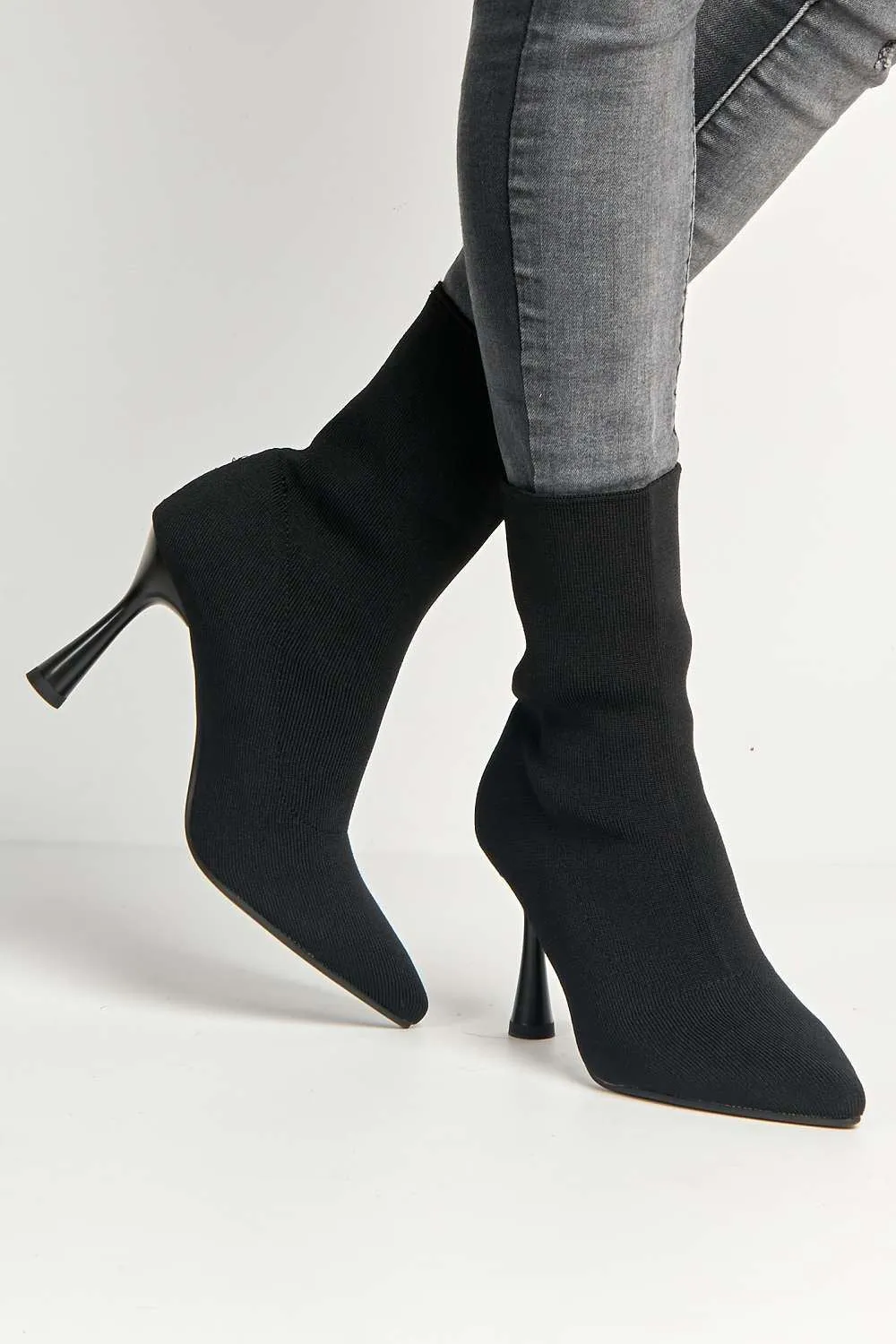 Runa Pointed Toe Heeled Sock Boots in Black
