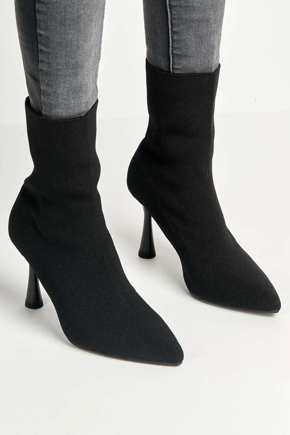 Runa Pointed Toe Heeled Sock Boots in Black