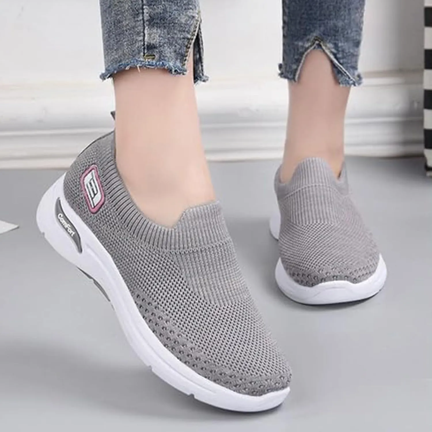 Slip On Orthopedic Sneakers for Women Breathable Mesh Woven Low Top Walking Shoes Wide Width Soft Sole Arch Support Shoe Comfy Work Walking Shoes Lightweight Tennis Sneaker