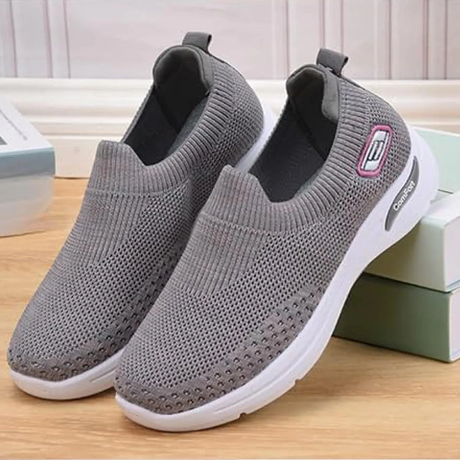 Slip On Orthopedic Sneakers for Women Breathable Mesh Woven Low Top Walking Shoes Wide Width Soft Sole Arch Support Shoe Comfy Work Walking Shoes Lightweight Tennis Sneaker