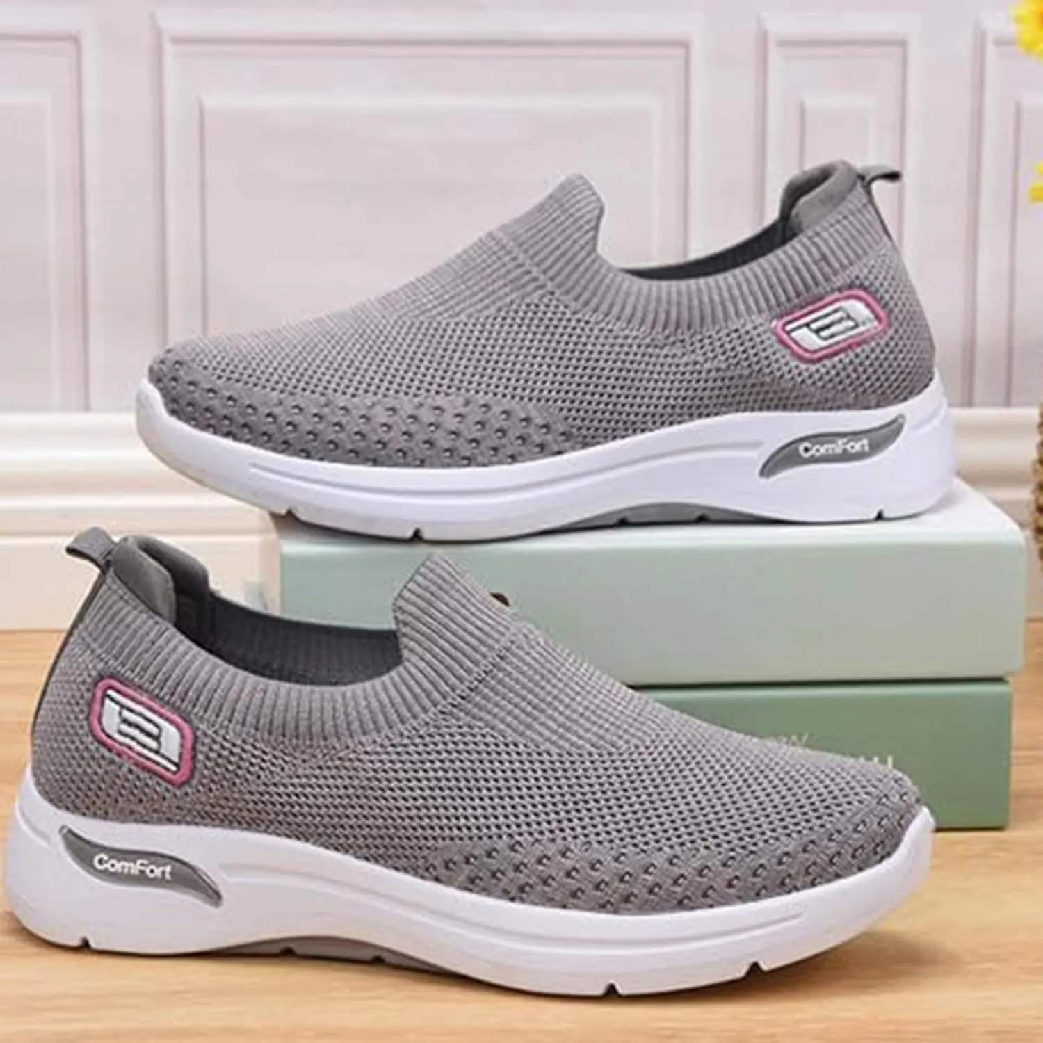 Slip On Orthopedic Sneakers for Women Breathable Mesh Woven Low Top Walking Shoes Wide Width Soft Sole Arch Support Shoe Comfy Work Walking Shoes Lightweight Tennis Sneaker