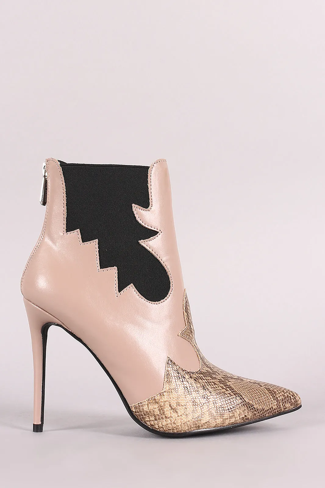 Snake Trim Pointy Toe Stiletto Chelsea Booties