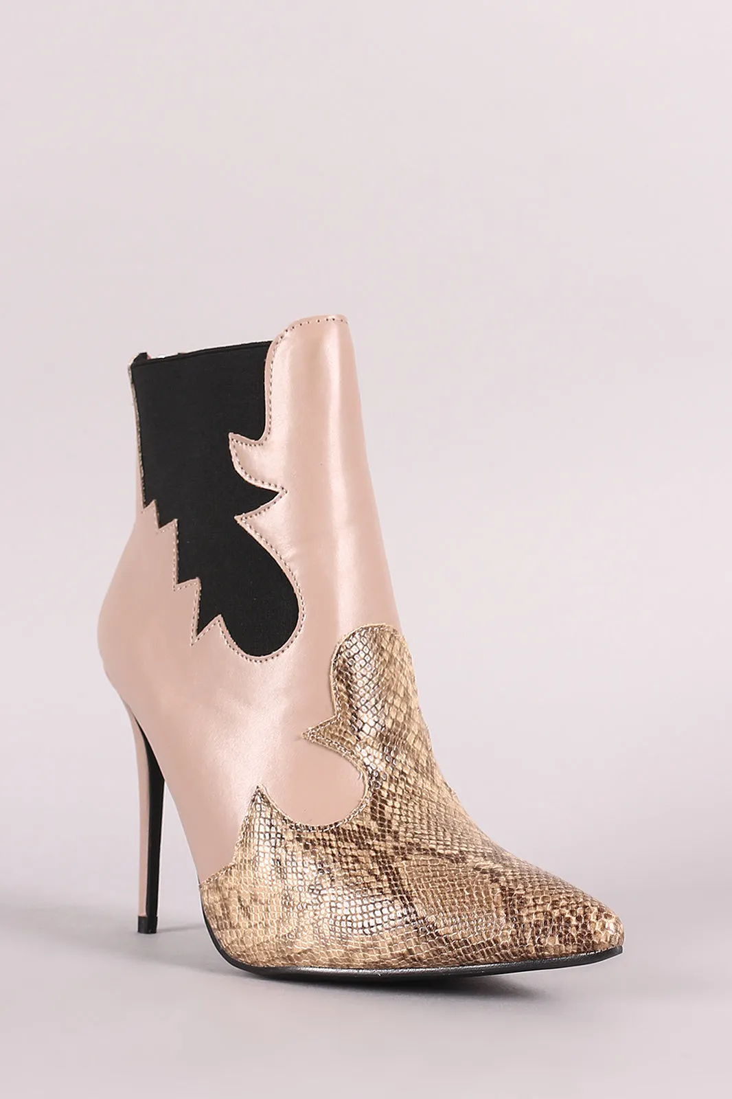 Snake Trim Pointy Toe Stiletto Chelsea Booties