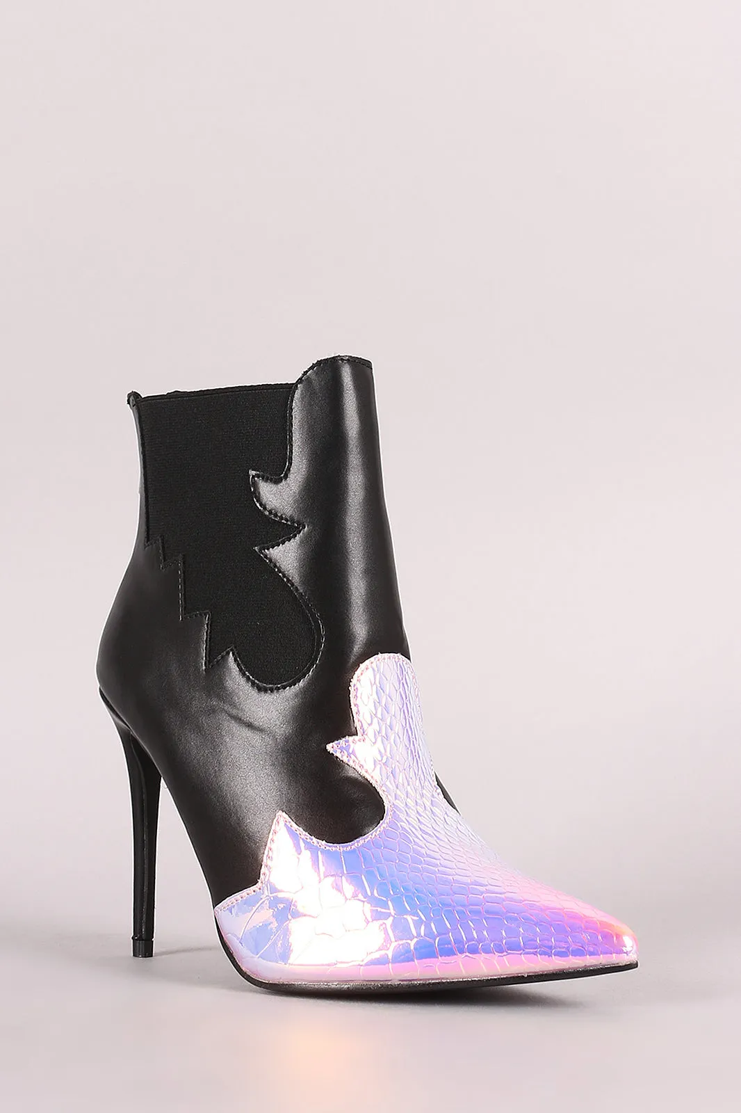 Snake Trim Pointy Toe Stiletto Chelsea Booties