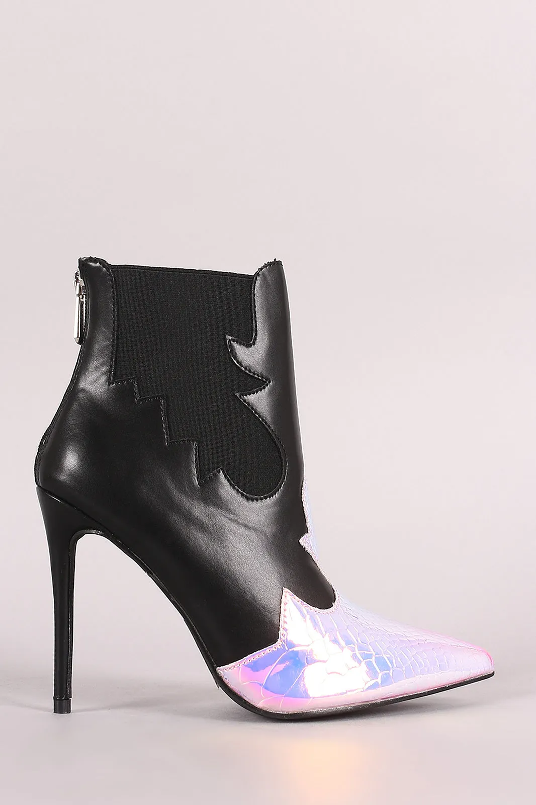 Snake Trim Pointy Toe Stiletto Chelsea Booties