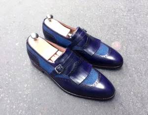 Stylish Men's Handmade Leather & Tweed Blue Color Fringe & Buckle Dress Shoes