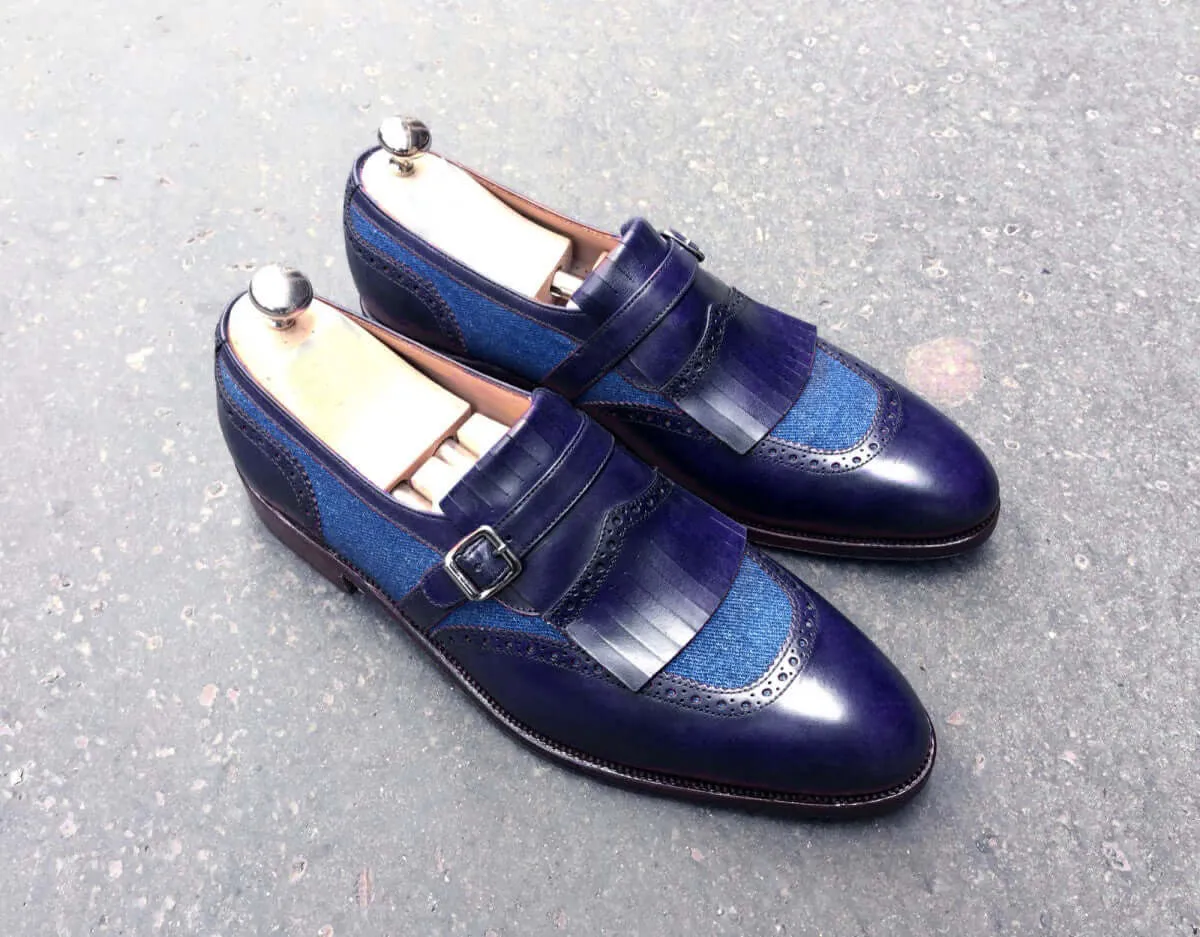 Stylish Men's Handmade Leather & Tweed Blue Color Fringe & Buckle Dress Shoes