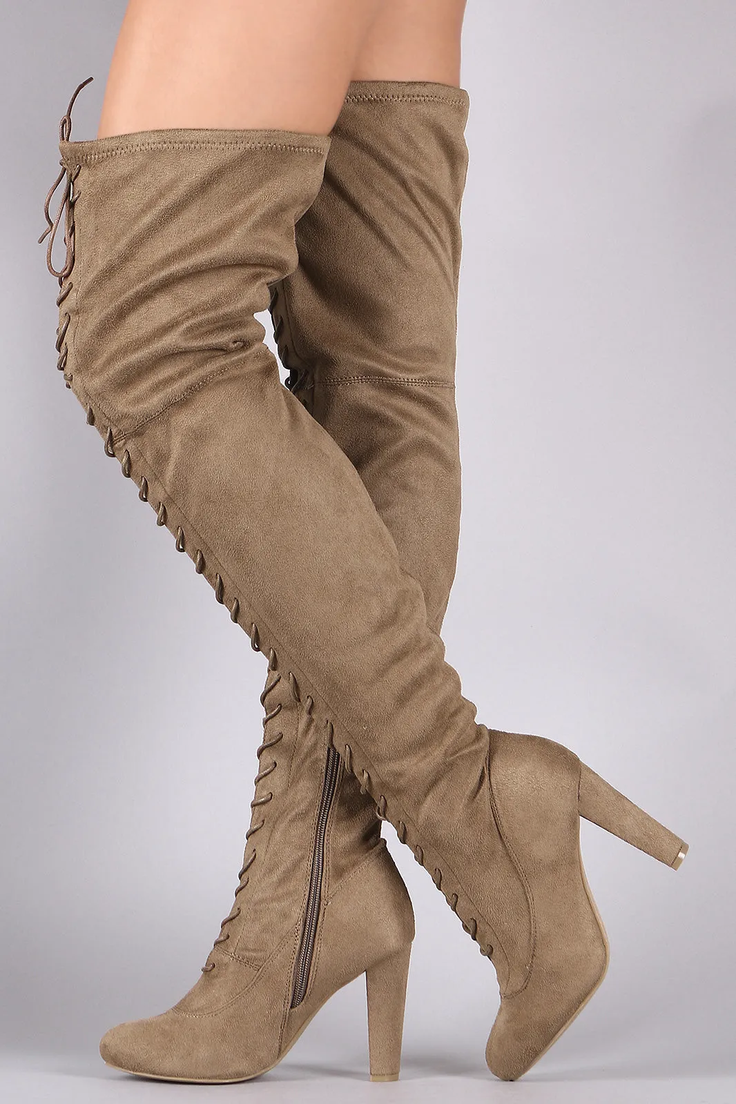 Suede Almond Toe Chunky Heeled Lace-Up OTK Boots