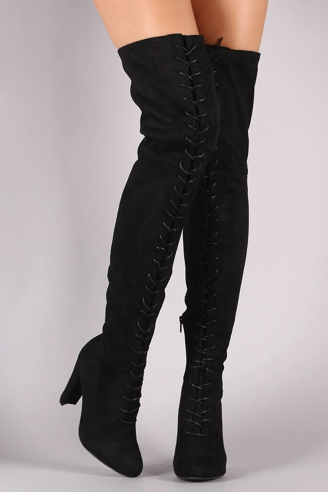 Suede Almond Toe Chunky Heeled Lace-Up OTK Boots