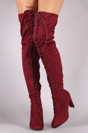 Suede Almond Toe Chunky Heeled Lace-Up OTK Boots