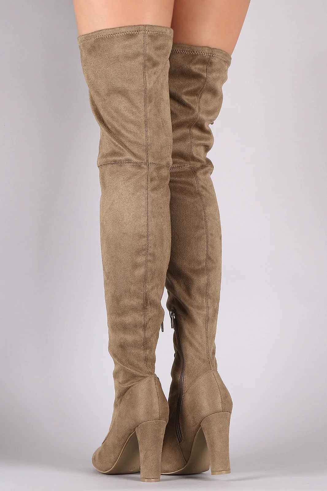 Suede Almond Toe Chunky Heeled Lace-Up OTK Boots