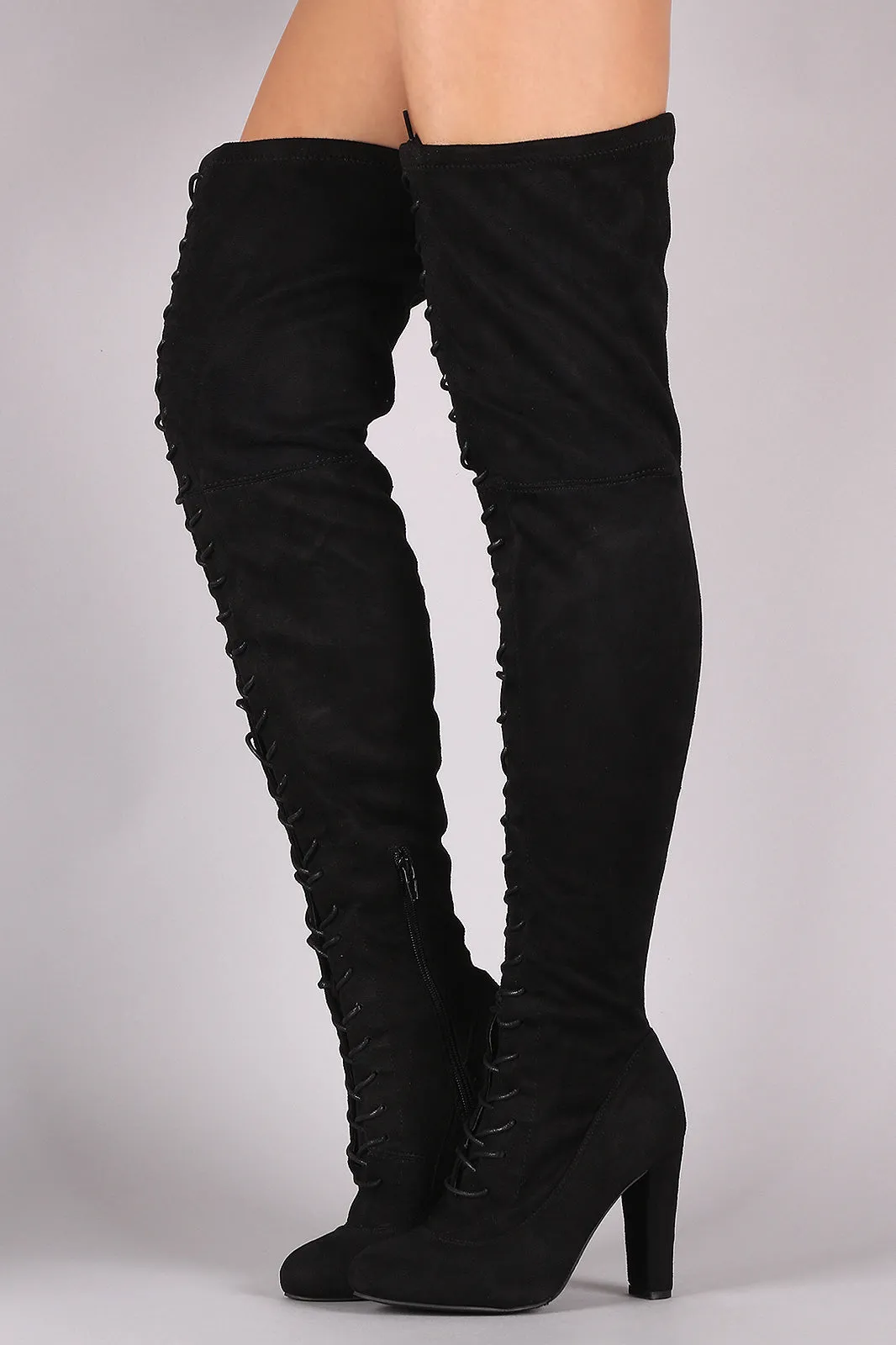 Suede Almond Toe Chunky Heeled Lace-Up OTK Boots