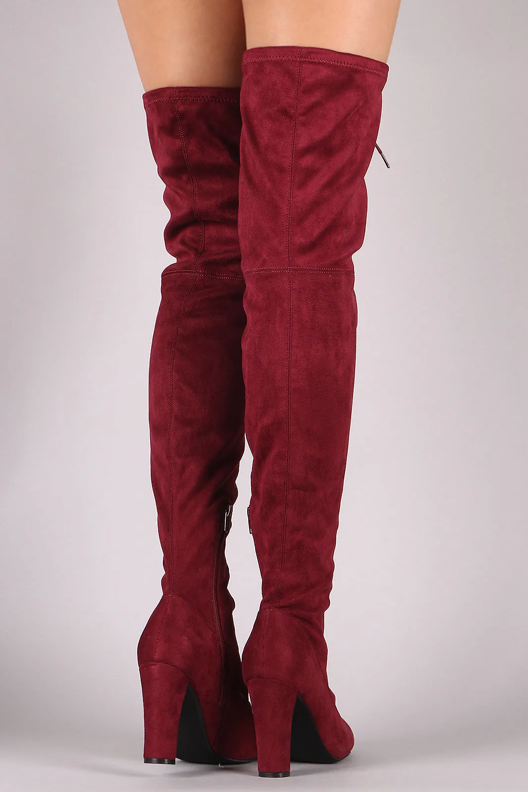 Suede Almond Toe Chunky Heeled Lace-Up OTK Boots