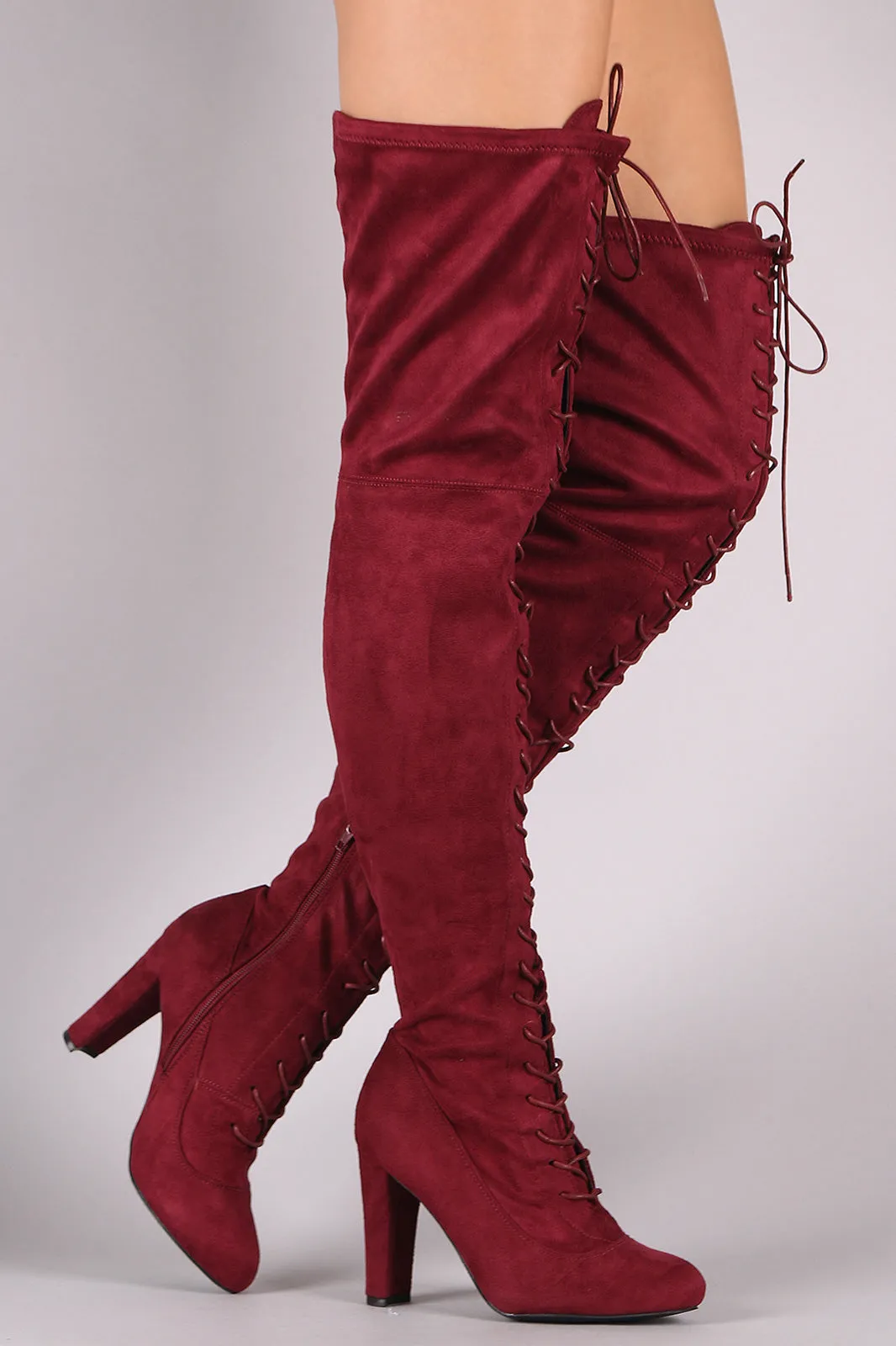 Suede Almond Toe Chunky Heeled Lace-Up OTK Boots