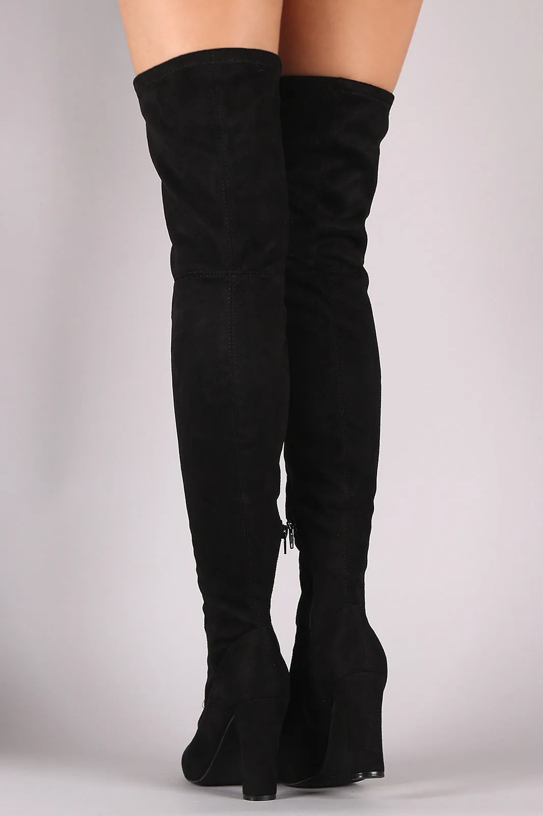 Suede Almond Toe Chunky Heeled Lace-Up OTK Boots