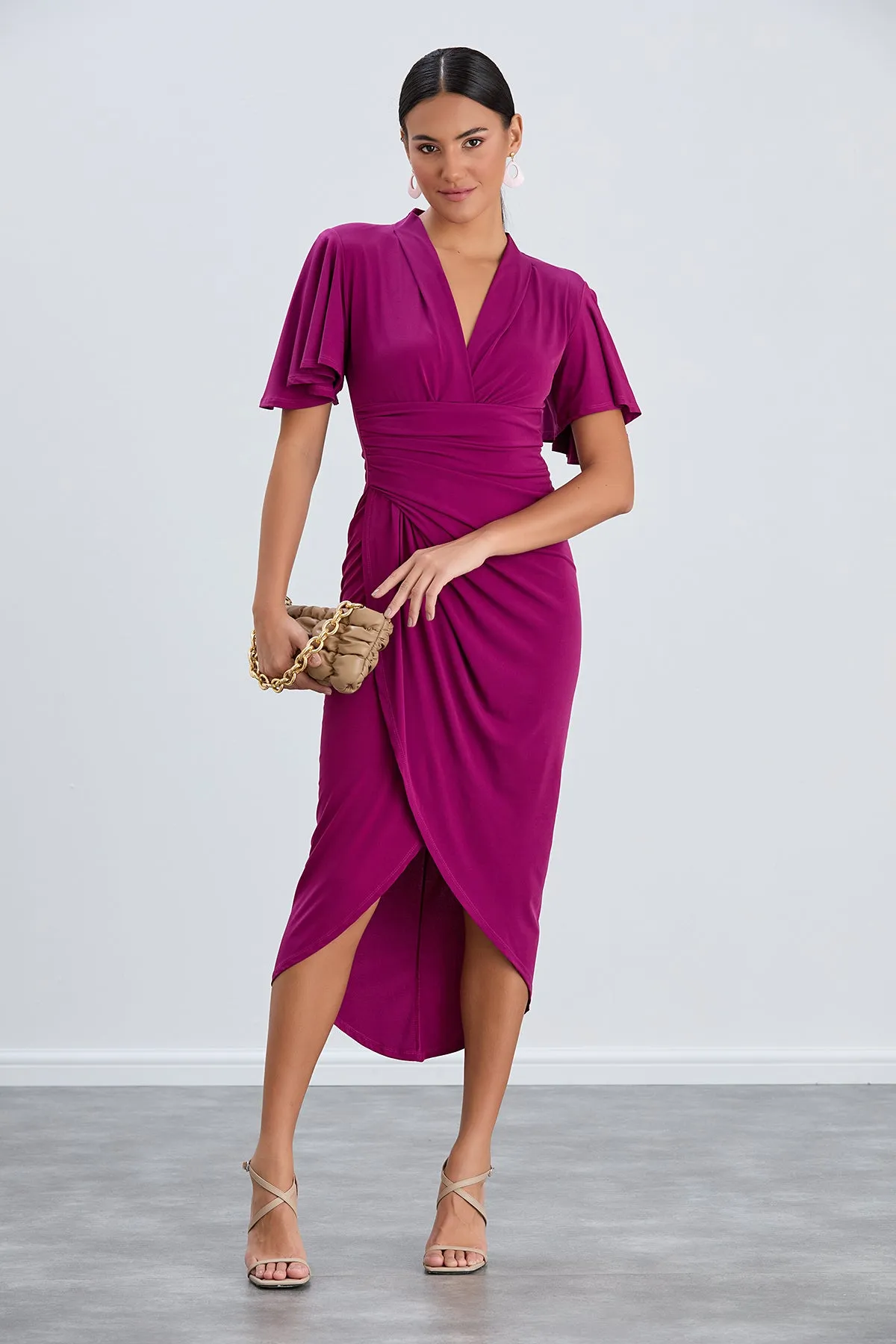 Timeless Angel Sleeve Wrap Dress in Vibrant Fuchsia
