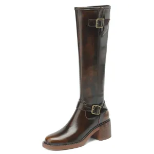 TinaCus Genuine Leather Modern Buckles Women's Round Toe Side Zip Up Handmade Chunky Heel Knee High Boots