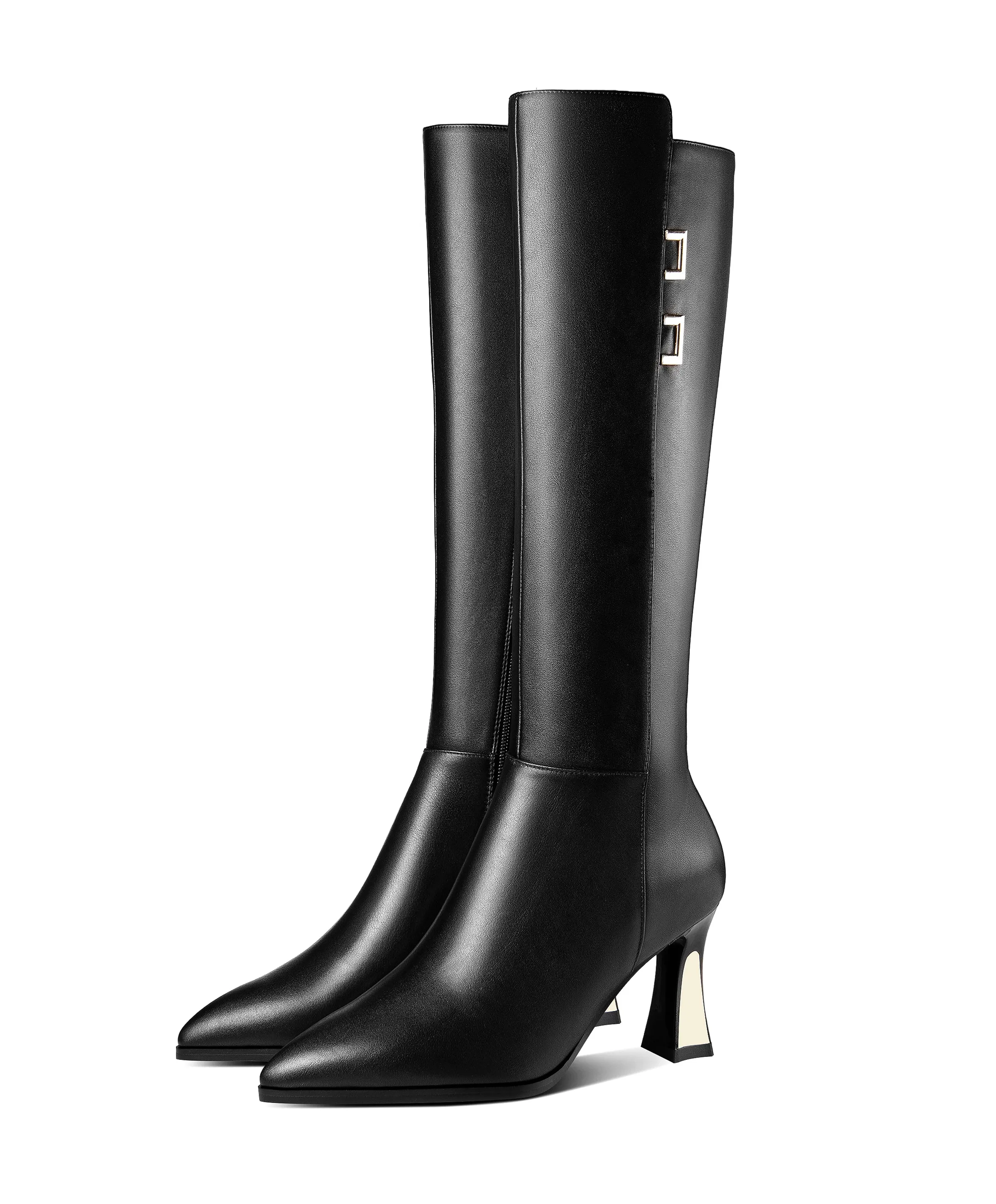 TinaCus Handmade Women's Genuine Leather Mid Heel Side Zip Up Pointed Toe Stylish Knee High Boots