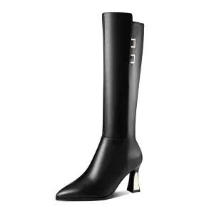 TinaCus Handmade Women's Genuine Leather Mid Heel Side Zip Up Pointed Toe Stylish Knee High Boots