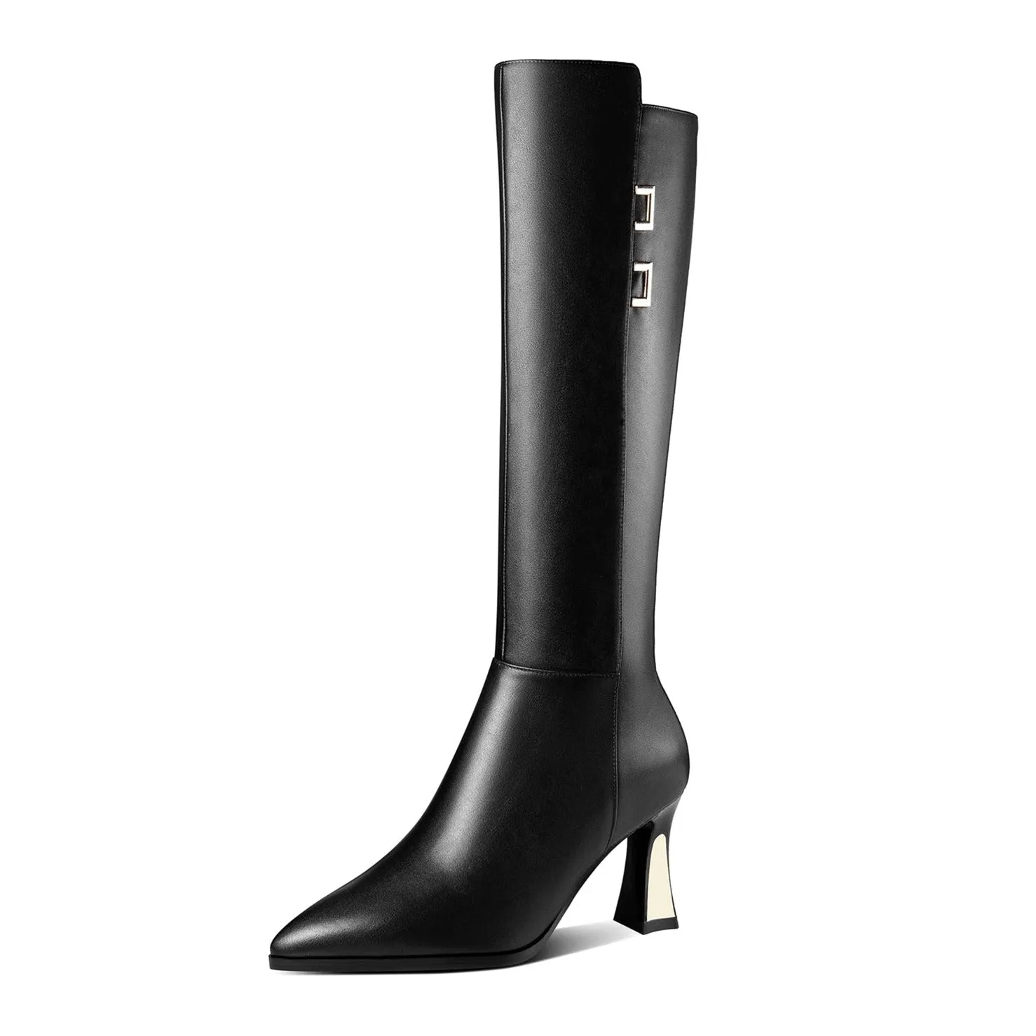 TinaCus Handmade Women's Genuine Leather Mid Heel Side Zip Up Pointed Toe Stylish Knee High Boots