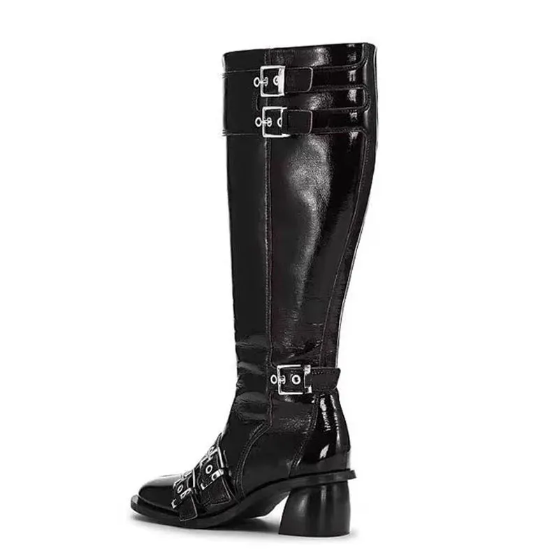Trend4us Women's Glossy Buckle Strap Knee-High Boots