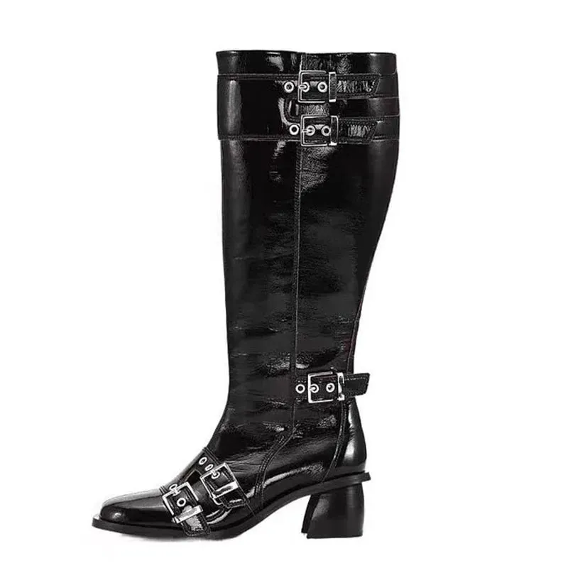 Trend4us Women's Glossy Buckle Strap Knee-High Boots
