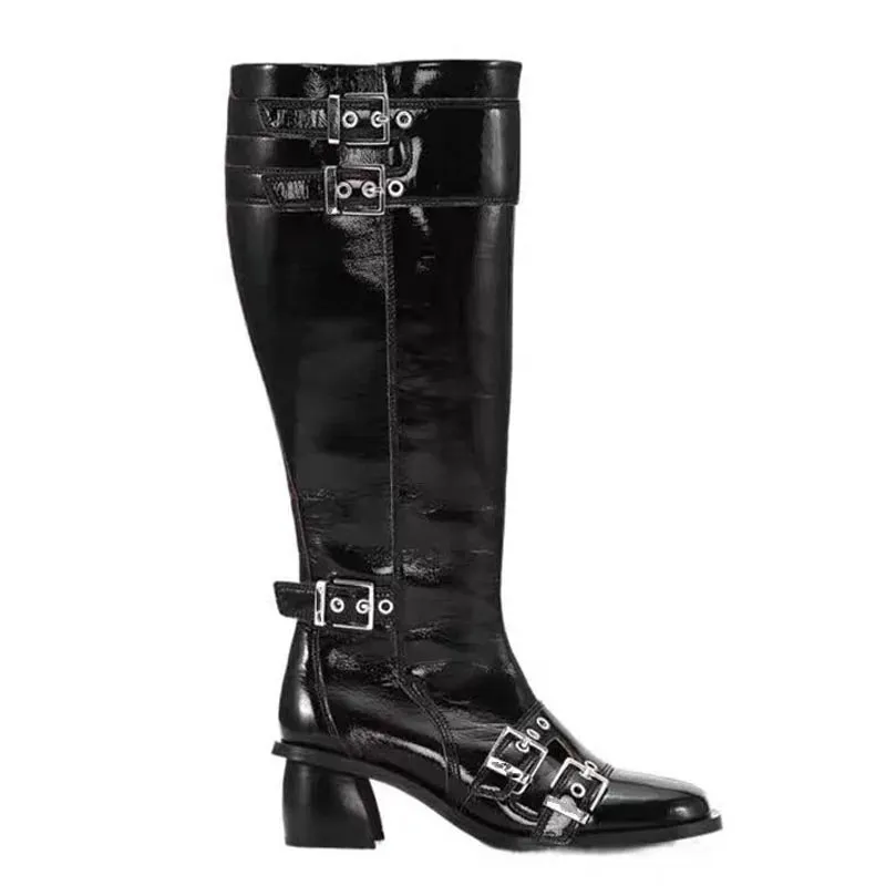 Trend4us Women's Glossy Buckle Strap Knee-High Boots