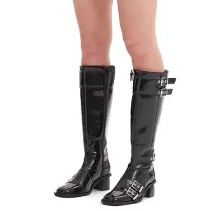 Trend4us Women's Glossy Buckle Strap Knee-High Boots