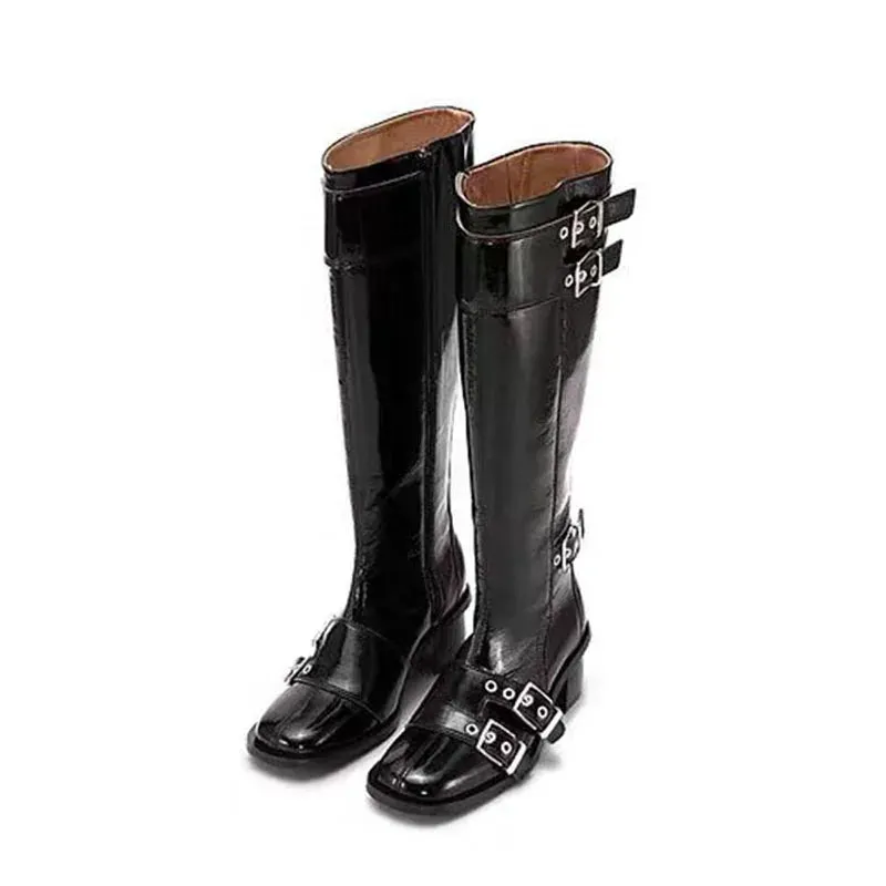 Trend4us Women's Glossy Buckle Strap Knee-High Boots